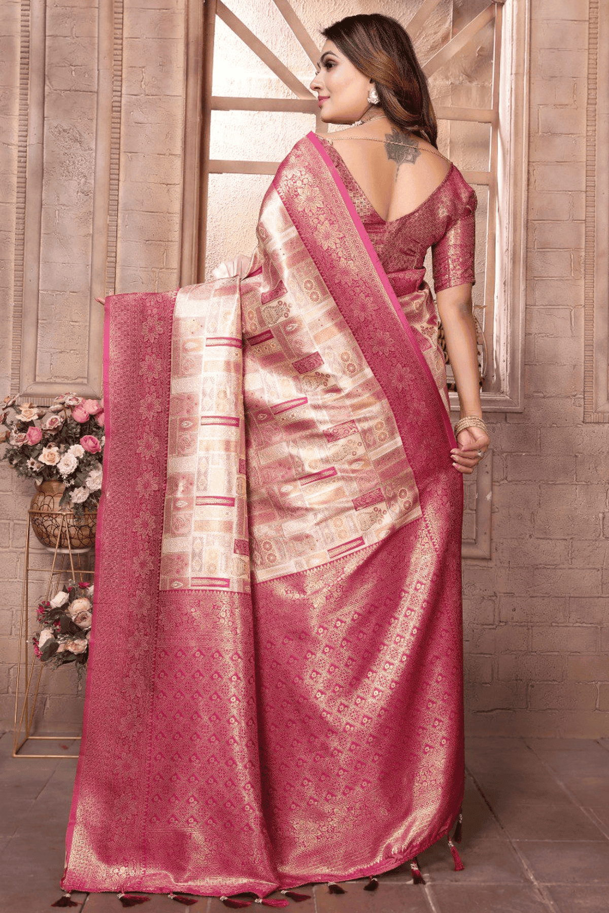 Cream Colour Woven Work Banarasi Chaturi Silk Traditional Saree