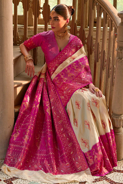 Cream Colour Woven Work Banarasi Silk Saree