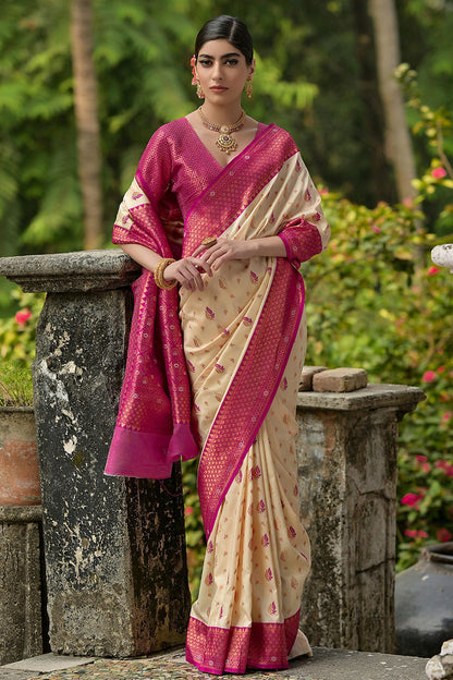 Cream Colour Woven Work Banarasi Silk Saree