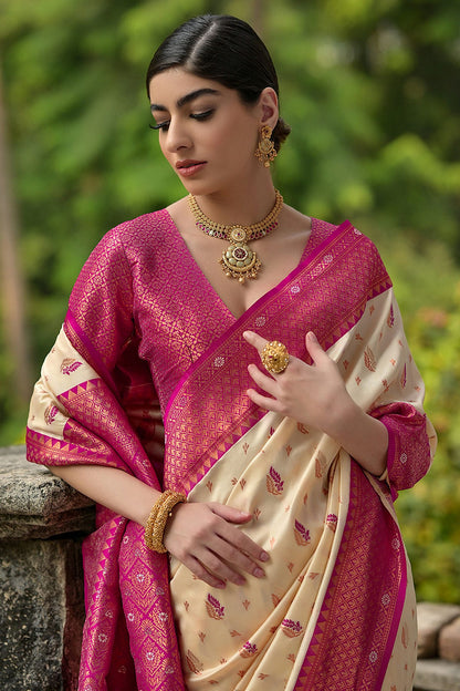 Cream Colour Woven Work Banarasi Silk Saree