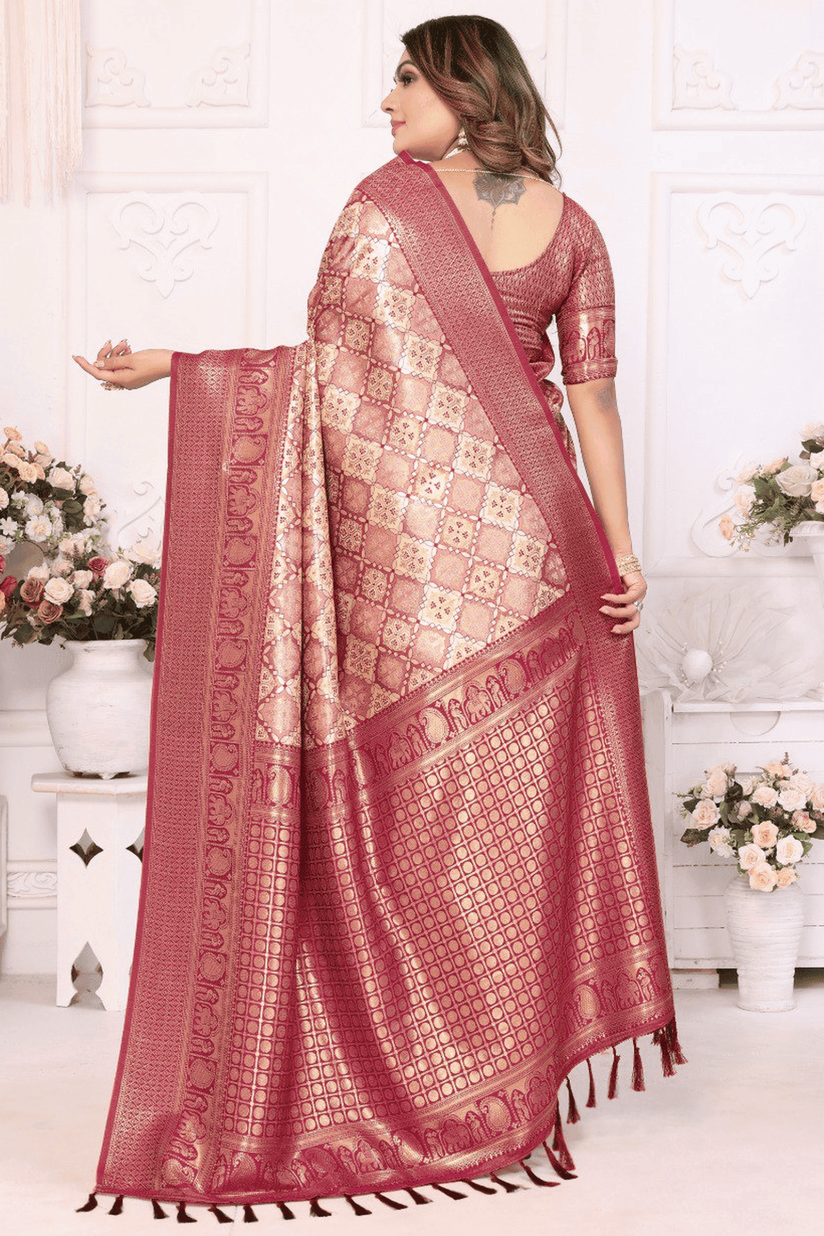 Cream Colour Woven Work Banarasi Silk Traditional Saree