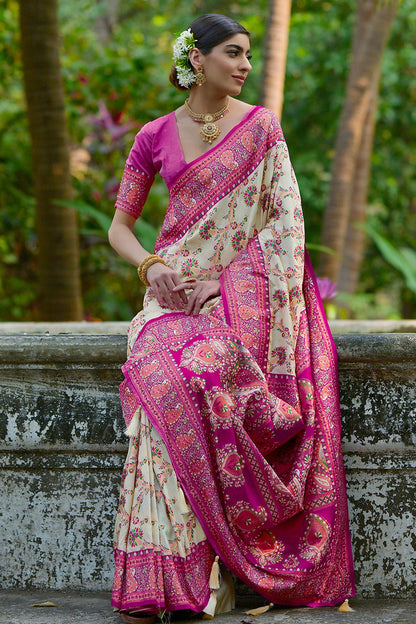Cream Colour Woven Work Pashmina Silk Saree