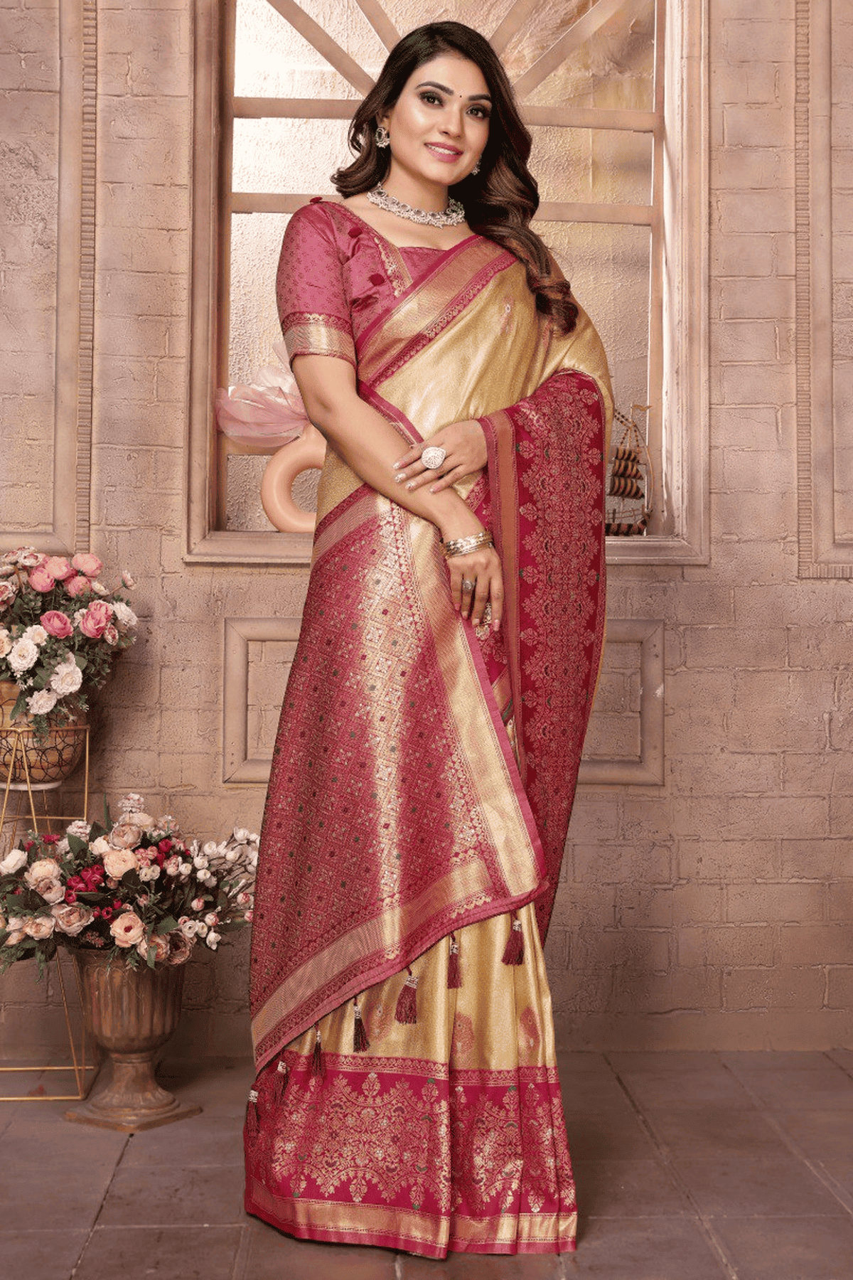Cream Colour Woven Work Pure Banarasi Tissue Silk Traditional Saree