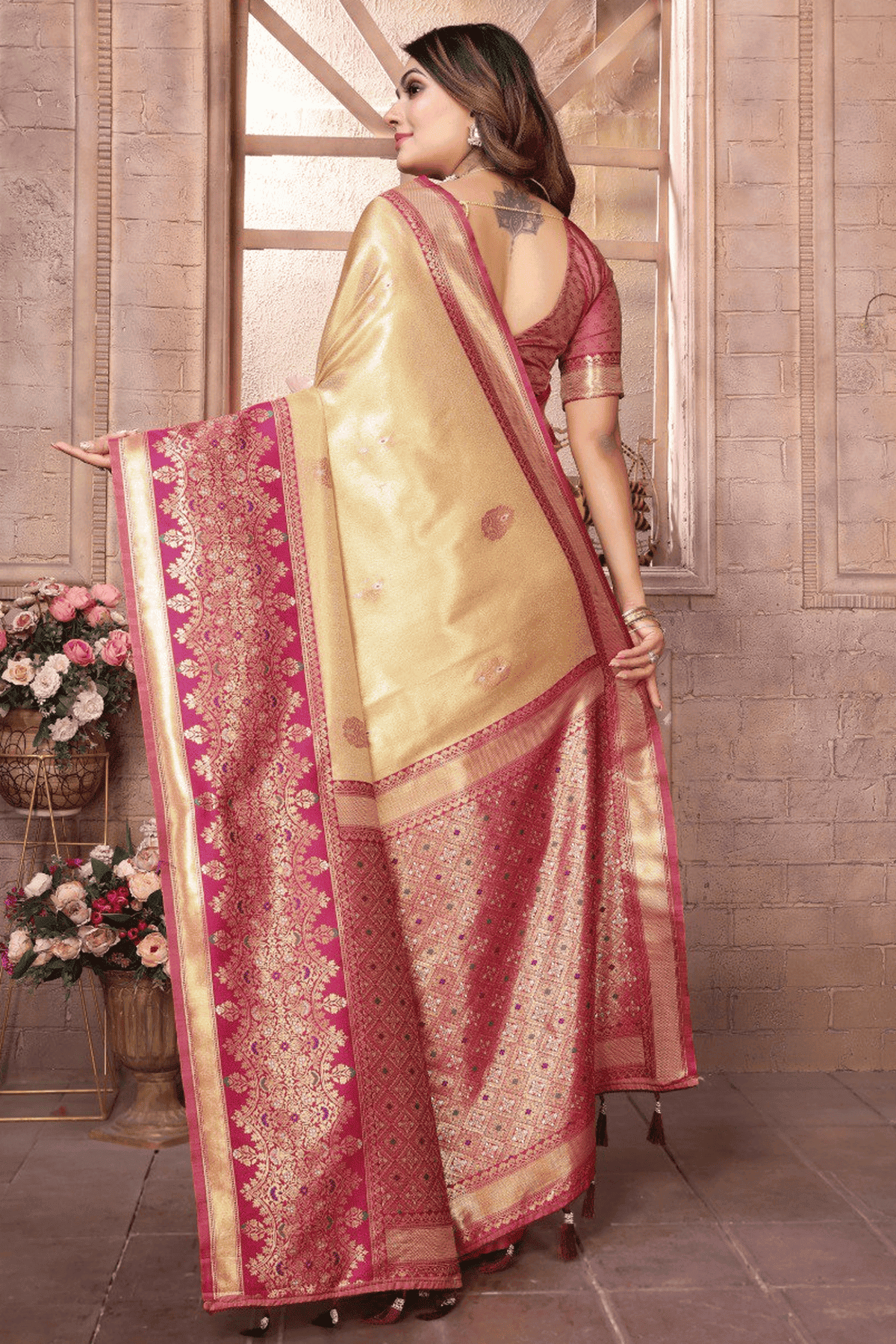 Cream Colour Woven Work Pure Banarasi Tissue Silk Traditional Saree