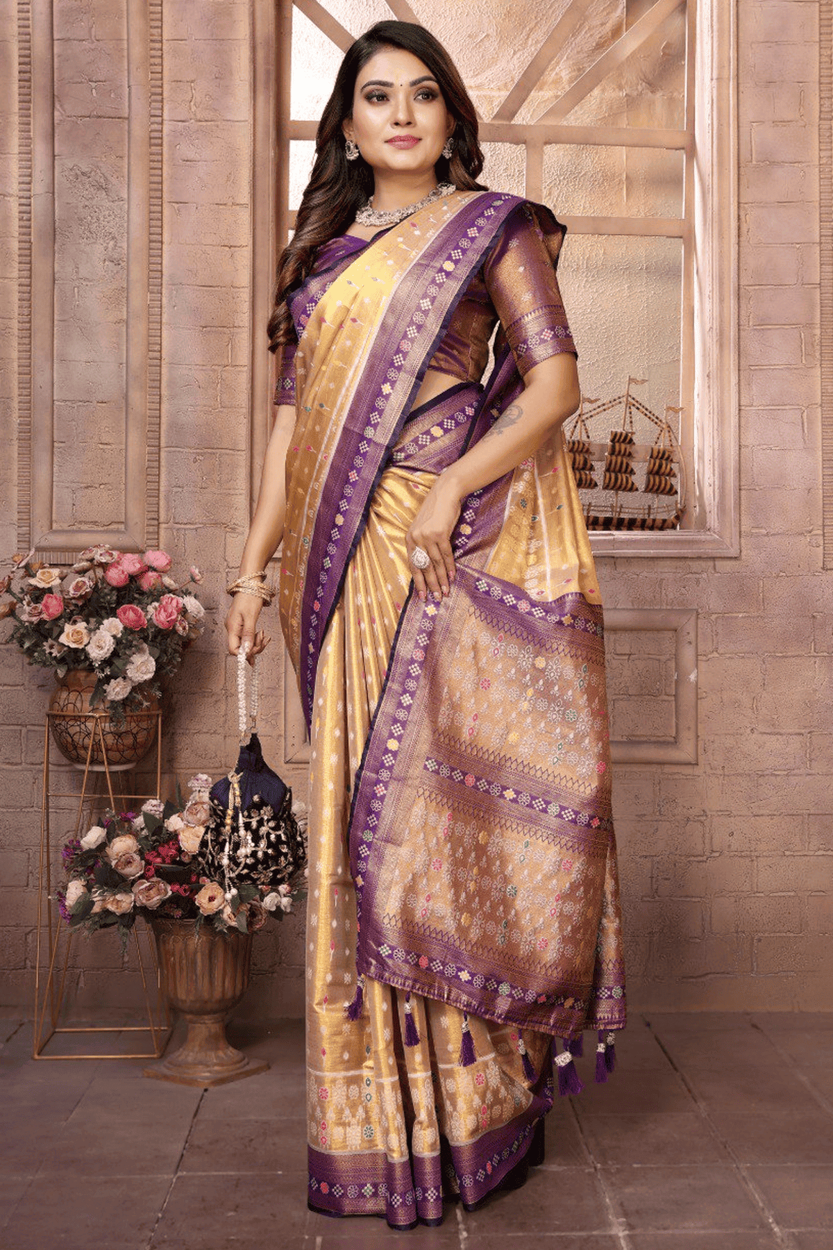 Cream Colour Woven Work Pure Banarasi Tissue Silk Traditional Saree