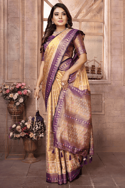 Cream Colour Woven Work Pure Banarasi Tissue Silk Traditional Saree