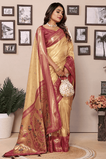 Cream Colour Woven Work Pure Banarasi Tissue Silk Traditional Saree