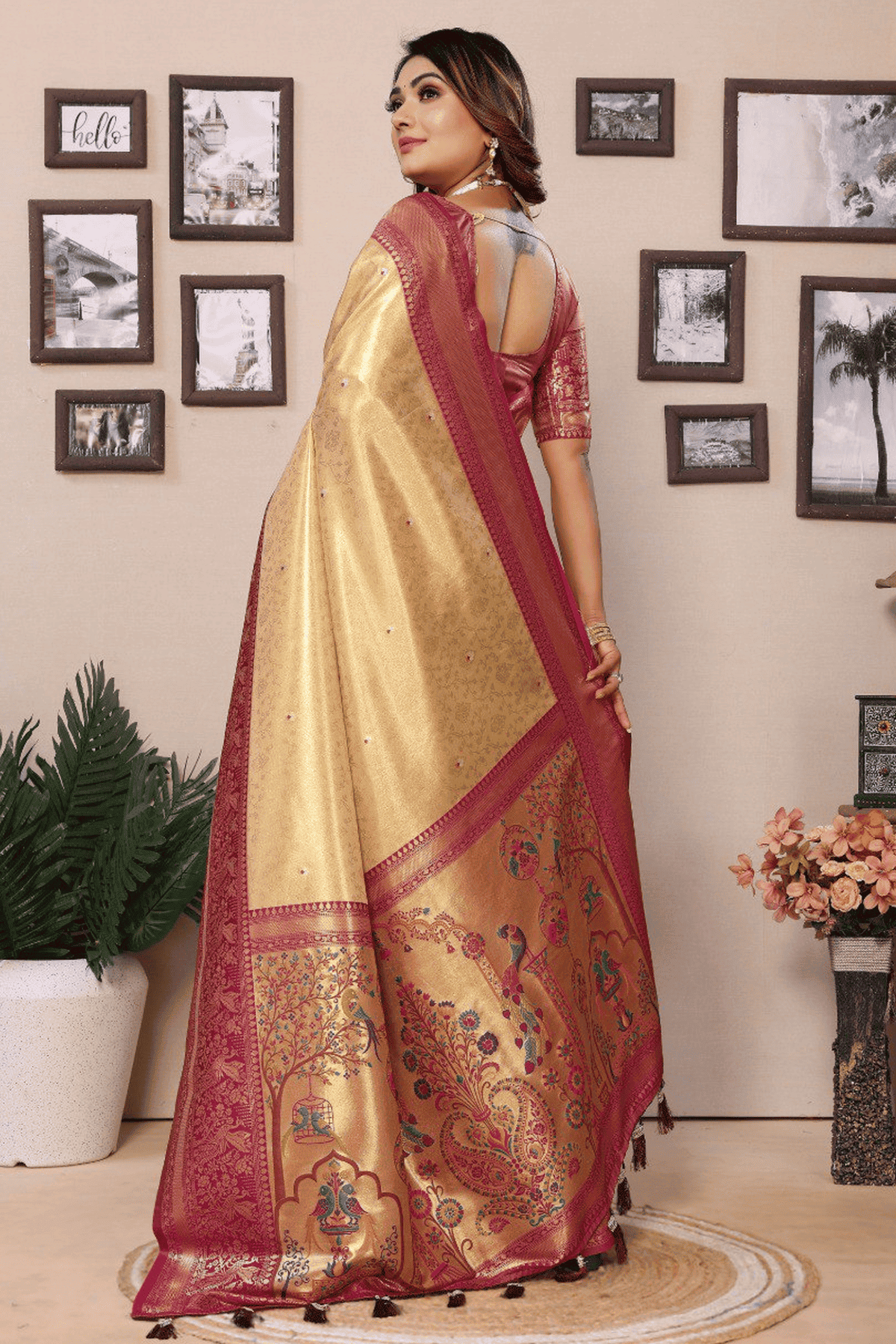 Cream Colour Woven Work Pure Banarasi Tissue Silk Traditional Saree