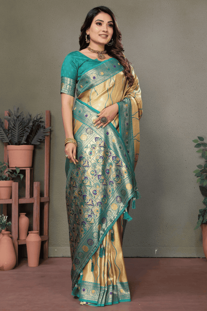 Cream Colour Woven Work Pure Banarasi Tissue Silk Traditional Saree