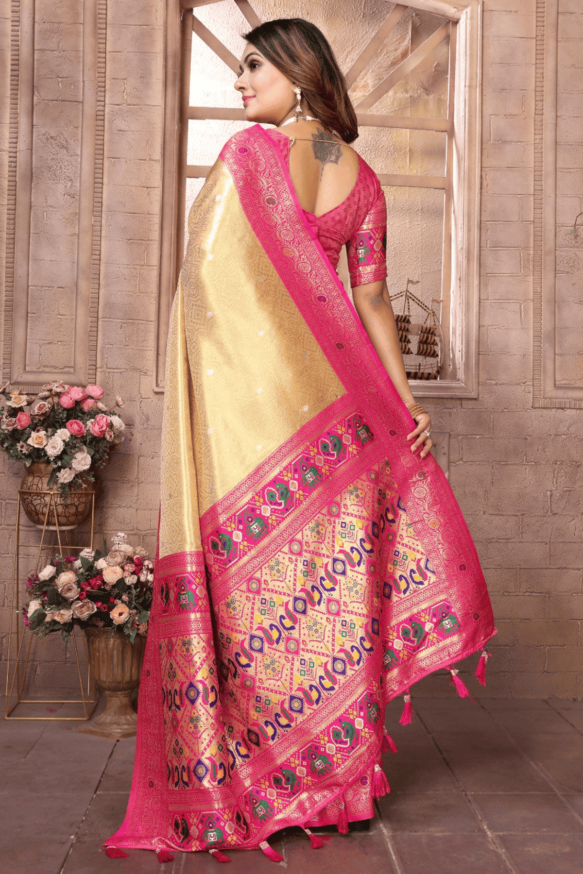 Cream Colour Woven Work Pure Banarasi Tissue Silk Traditional Saree