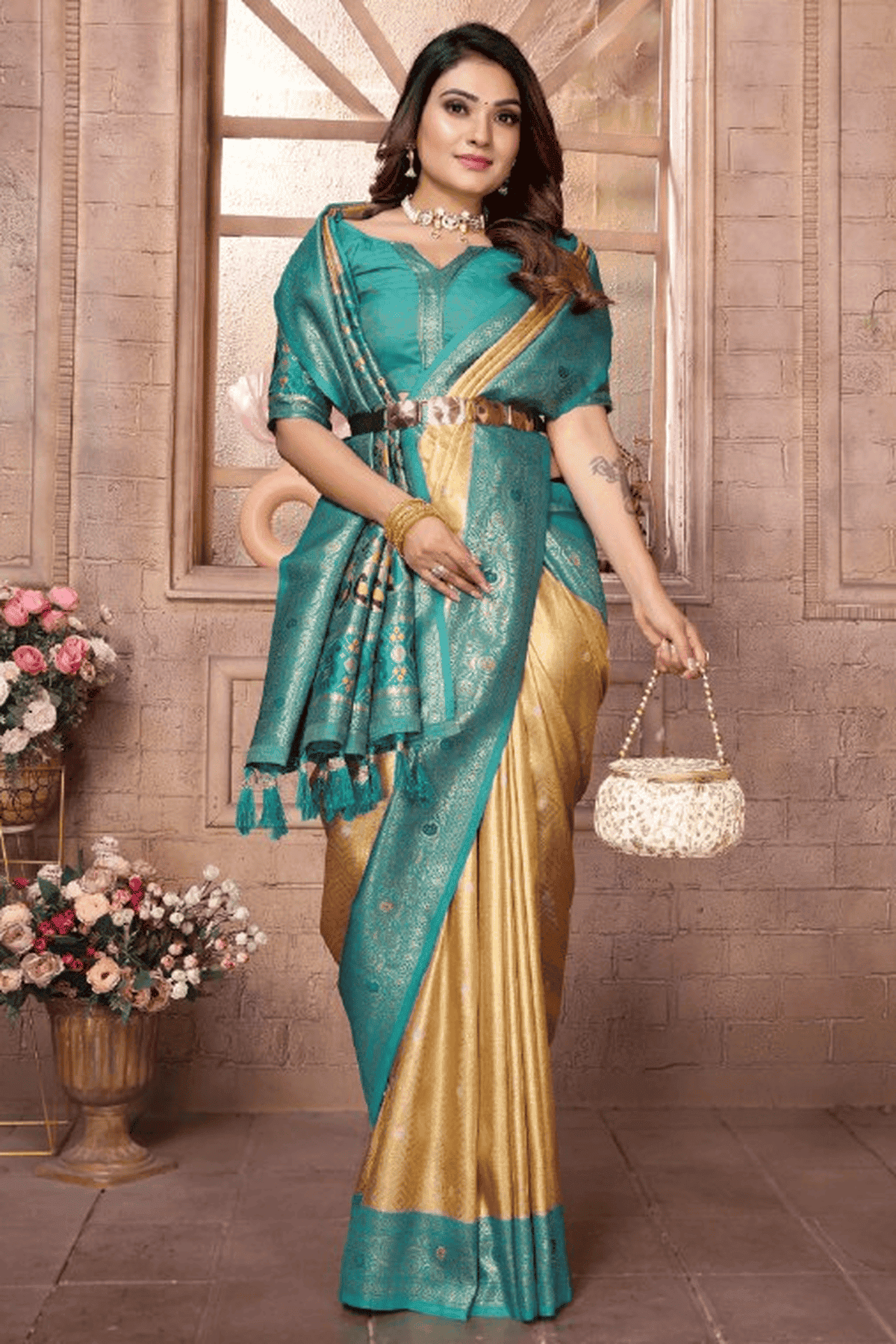 Cream Colour Woven Work Pure Banarasi Tissue Silk Traditional Saree