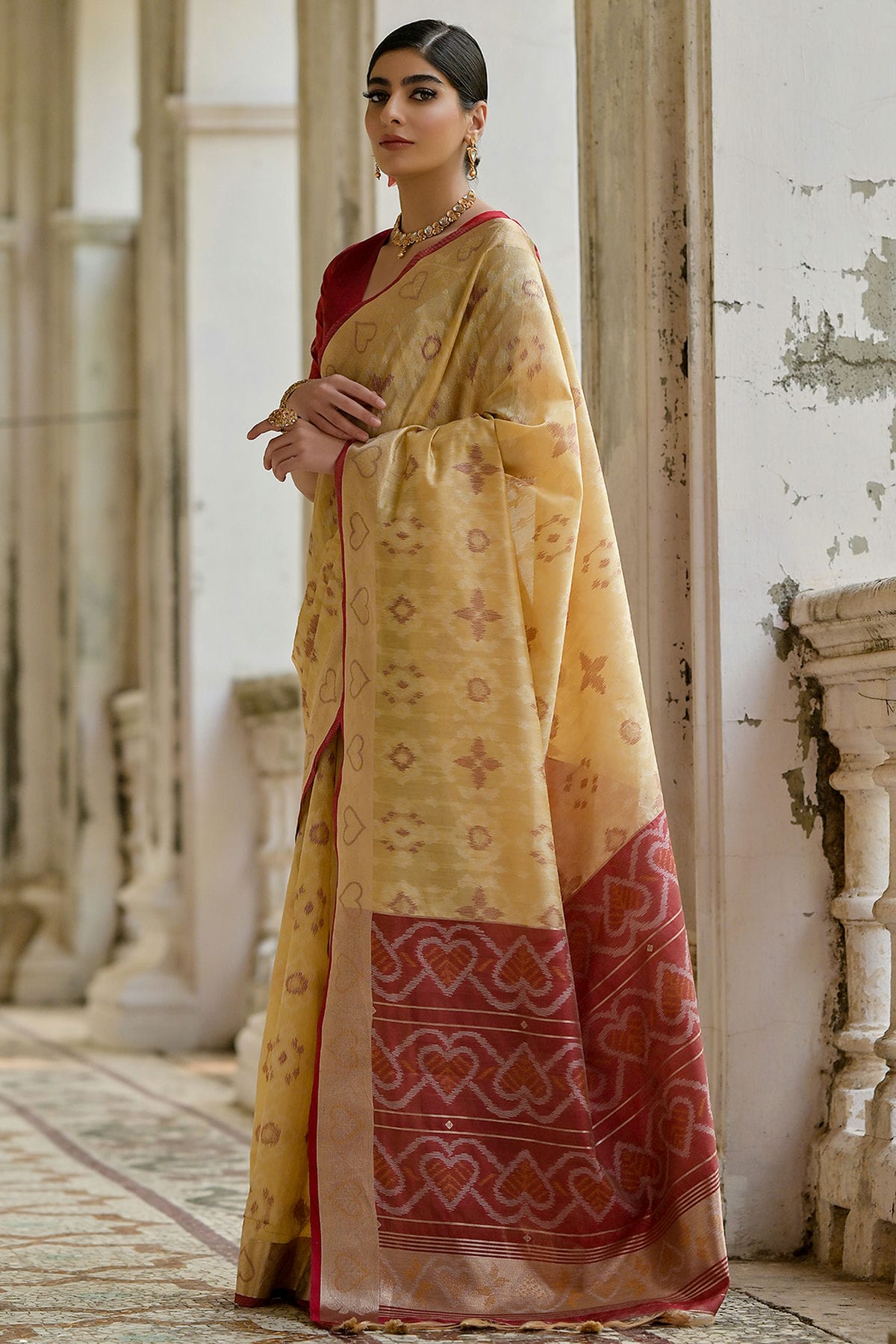 Cream Colour Woven Work Raw Silk Saree