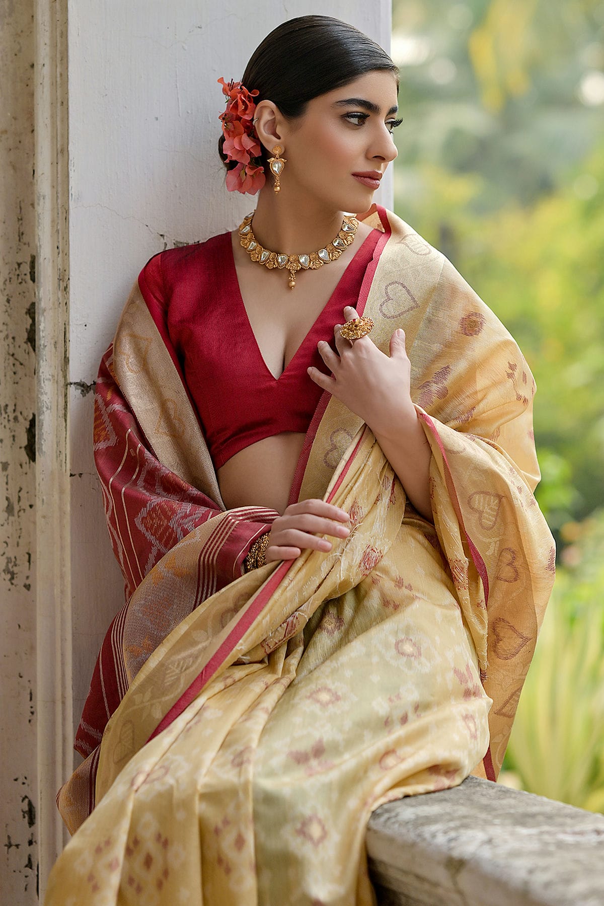 Cream Colour Woven Work Raw Silk Saree