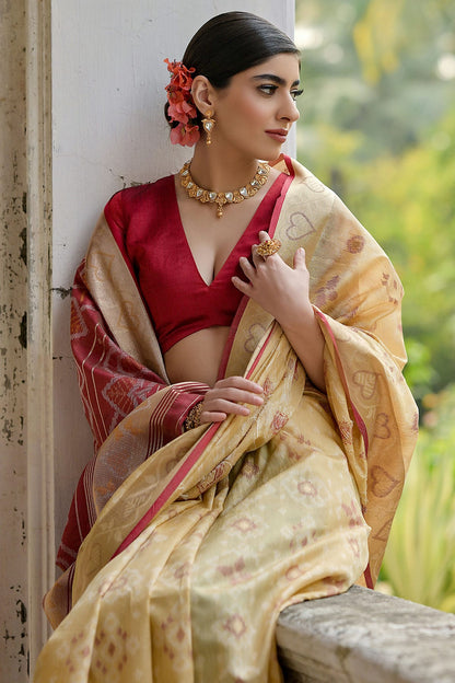 Cream Colour Woven Work Raw Silk Saree