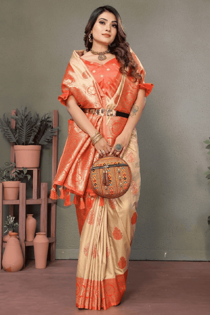 Cream Colour Woven Work Viscose Silk Traditional Saree