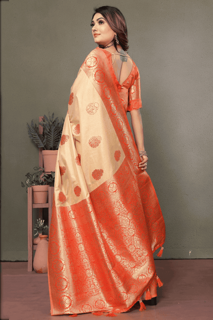 Cream Colour Woven Work Viscose Silk Traditional Saree