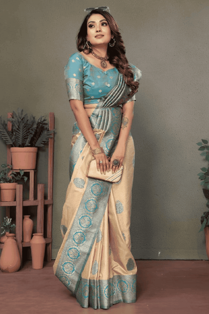 Cream Colour Woven Work Viscose Silk Traditional Saree