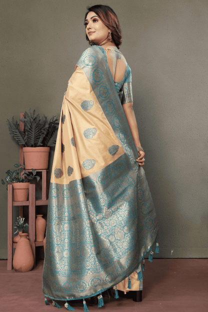 Cream Colour Woven Work Viscose Silk Traditional Saree