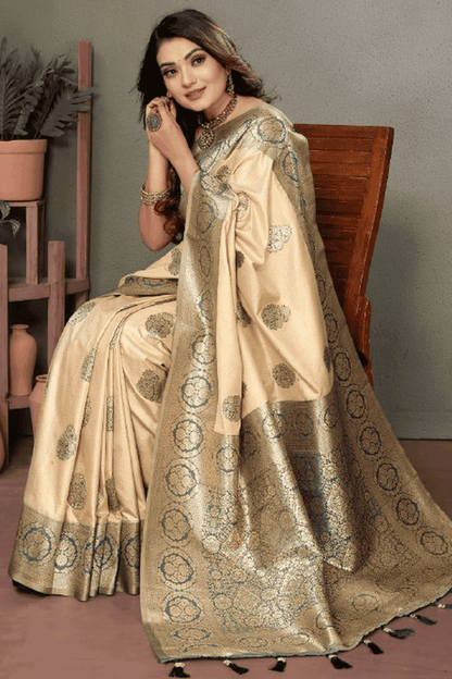 Cream Colour Woven Work Viscose Silk Traditional Saree