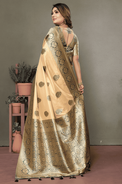Cream Colour Woven Work Viscose Silk Traditional Saree