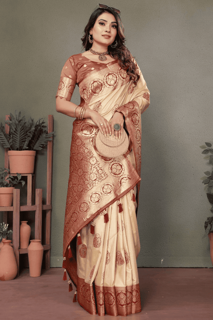 Cream Colour Woven Work Viscose Silk Traditional Saree