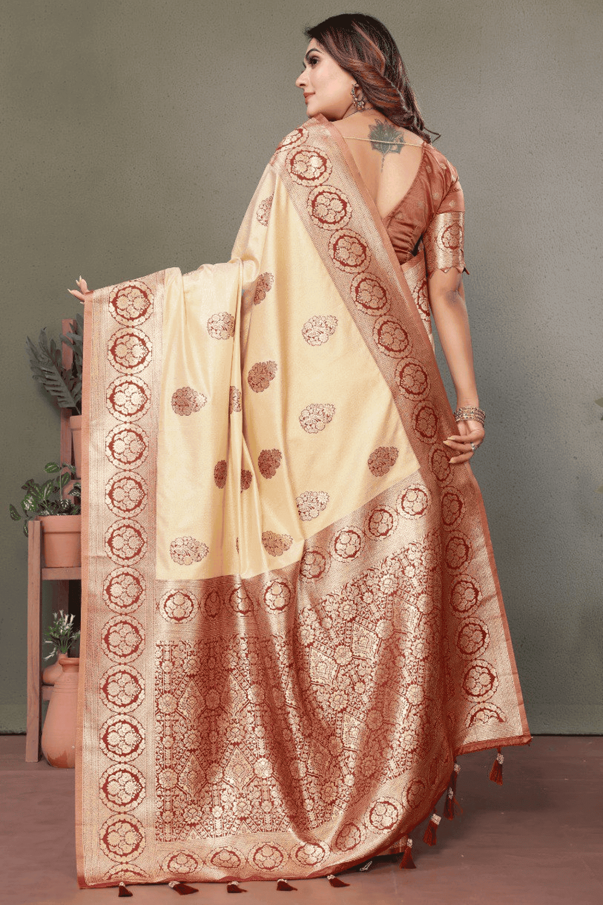 Cream Colour Woven Work Viscose Silk Traditional Saree