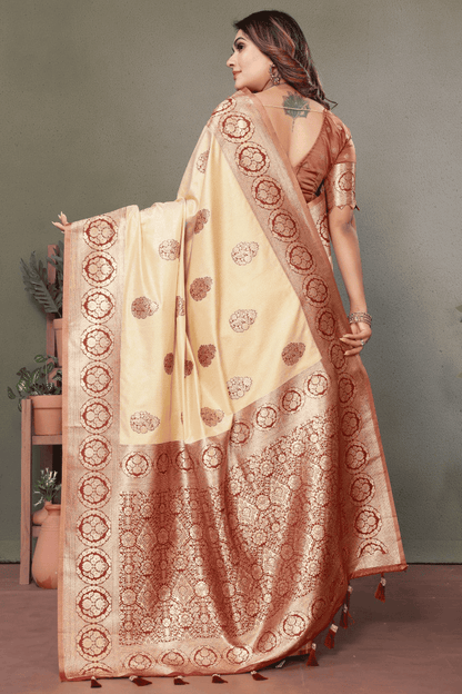 Cream Colour Woven Work Viscose Silk Traditional Saree