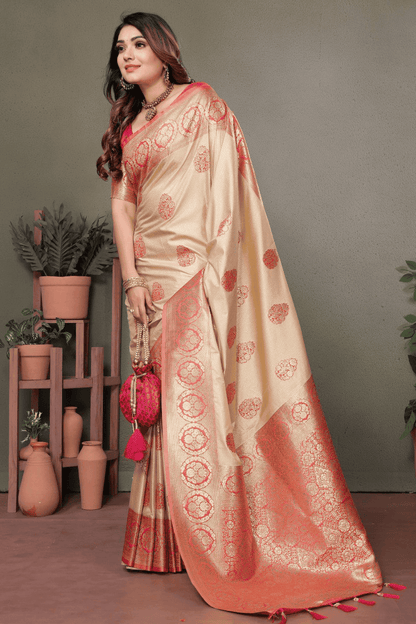 Cream Colour Woven Work Viscose Silk Traditional Saree