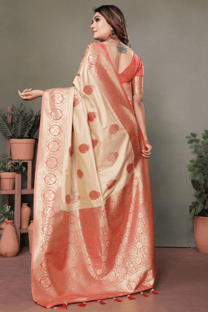 Cream Colour Woven Work Viscose Silk Traditional Saree