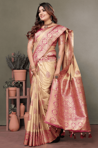 Cream Colour Woven Work Viscose Silk Traditional Saree