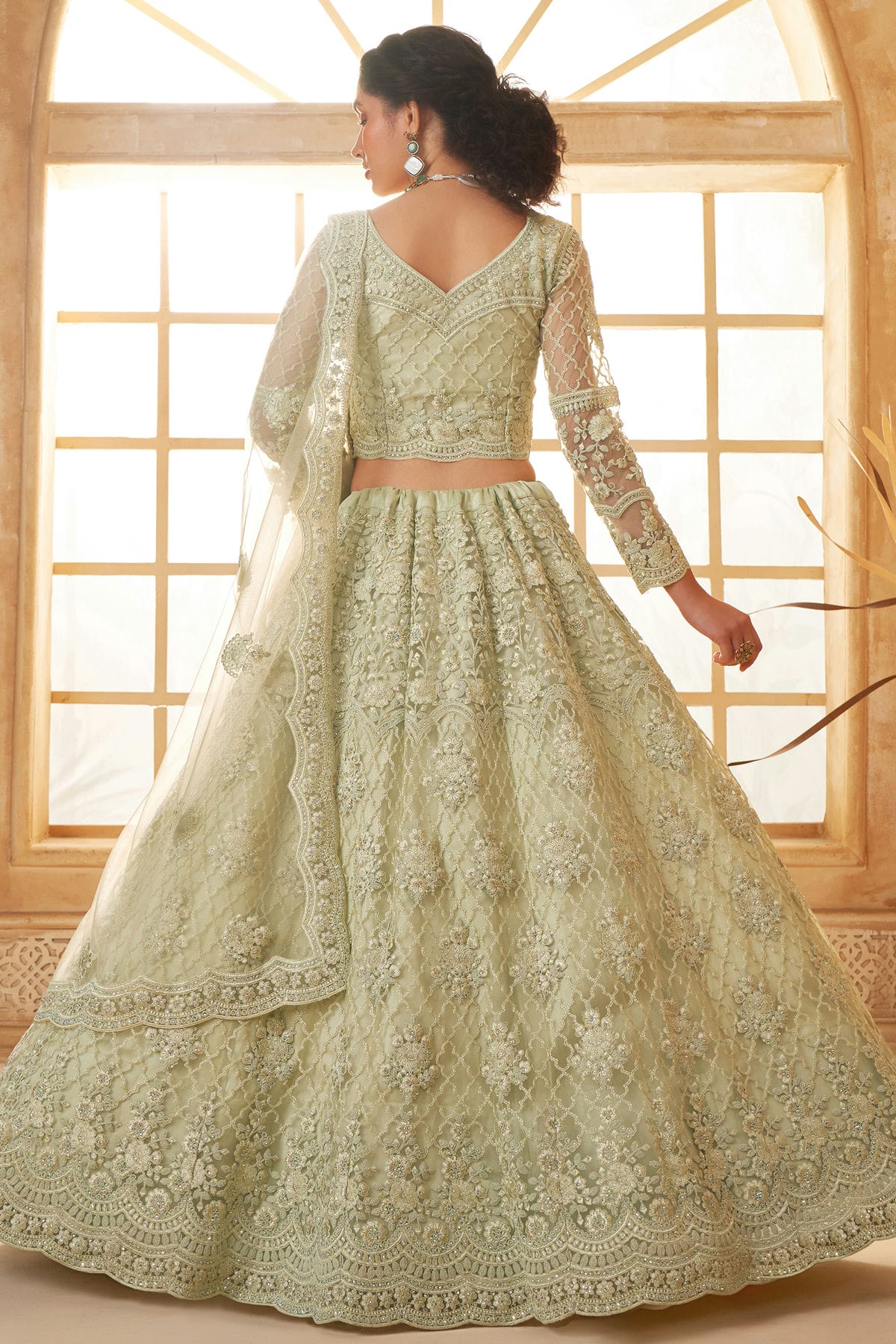 Cream Embroidery Net and SilK Lehenga Choli VSLC1290145