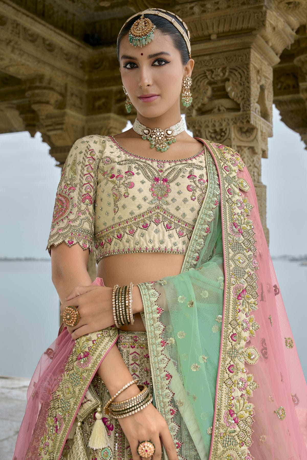 Cream Embroidery Silk Lehenga Choli VSLC1290127