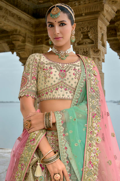 Cream Embroidery Silk Lehenga Choli VSLC1290127