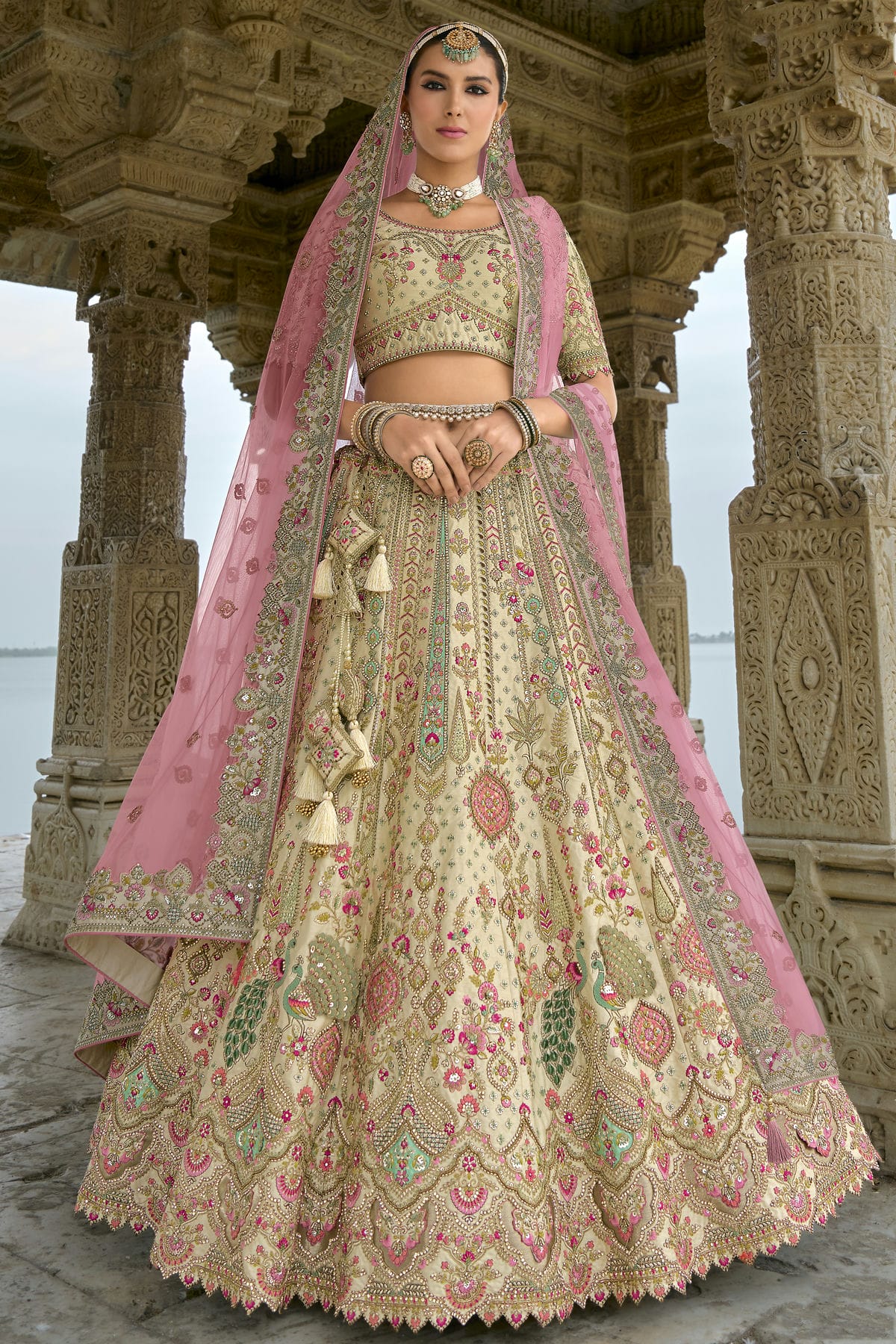Cream Embroidery Silk Lehenga Choli