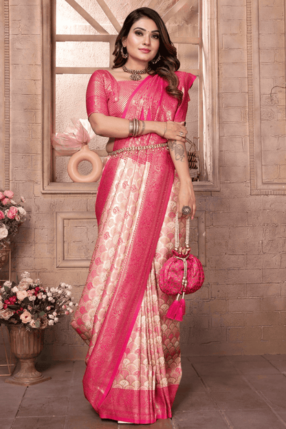 Cream Pink Colour Woven Work Banarasi Silk Traditional Saree