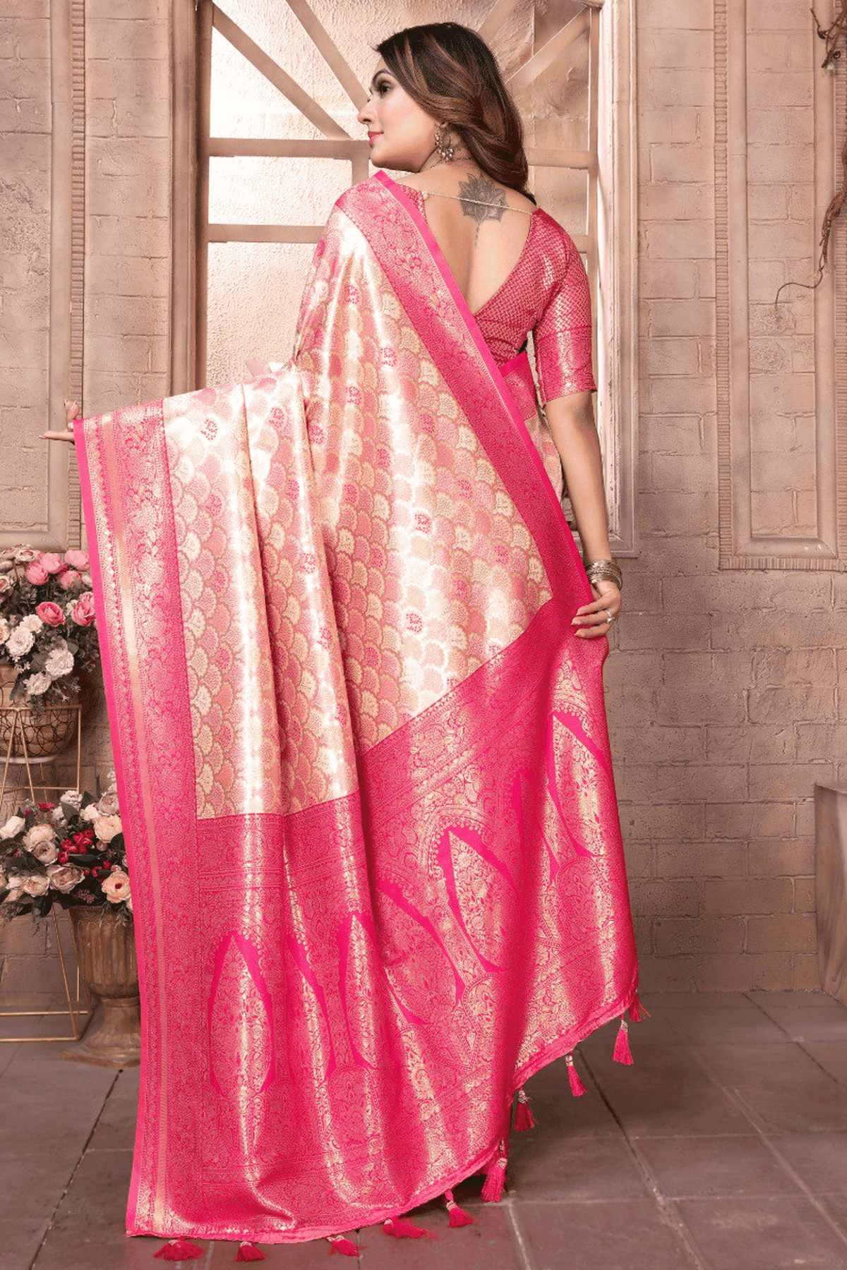 Cream Pink Colour Woven Work Banarasi Silk Traditional Saree