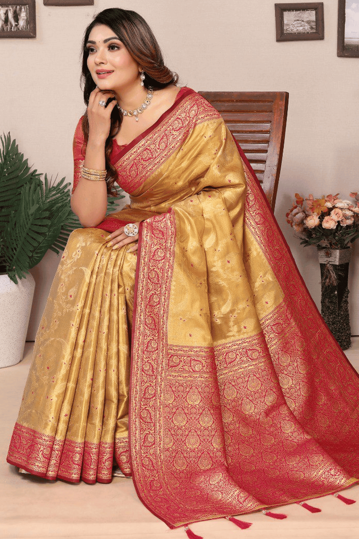 Dark Beige Colour Woven Work Pure Banarasi Tissue Silk Traditional Saree