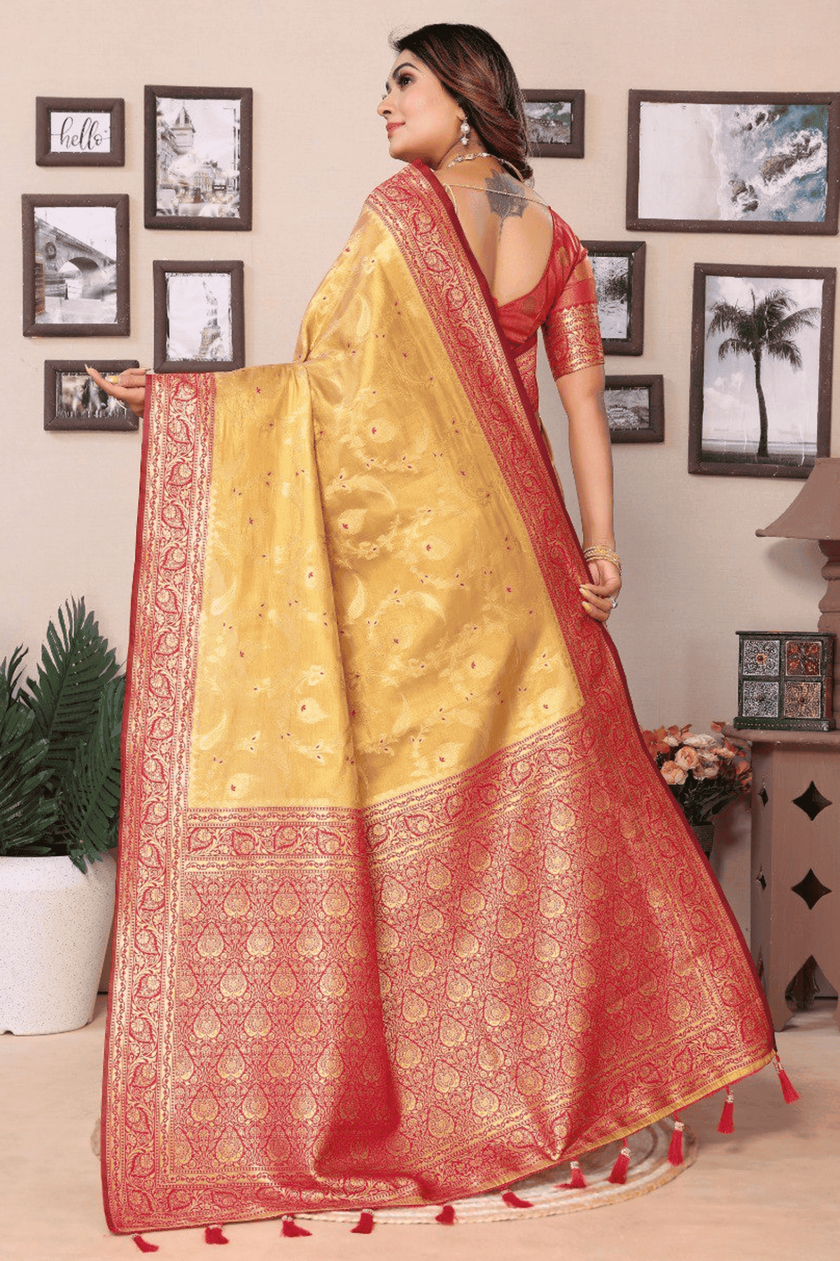 Dark Beige Colour Woven Work Pure Banarasi Tissue Silk Traditional Saree