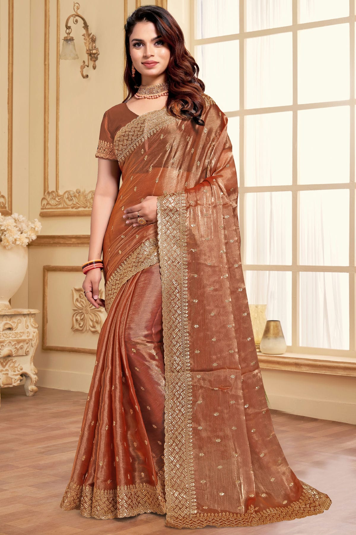 Dusty Peach Colour Burberry Silk Designer Saree