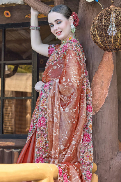 Dusty Peach Colour Burberry Silk Designer Saree VSSD1121853