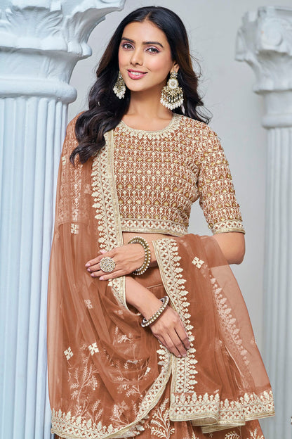 Dusty Peach Colour Embroidery Lehenga Choli In Net Fabric