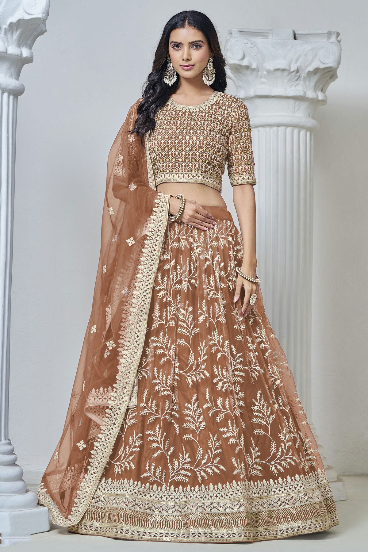 Dusty Peach Colour Embroidery Lehenga Choli In Net Fabric