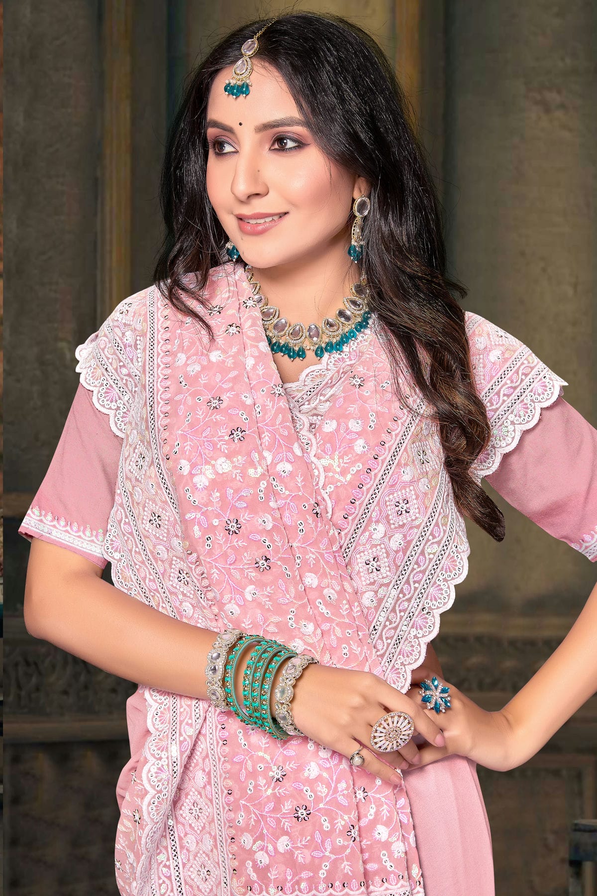 Dusty Peach Colour Georgette Designer Saree