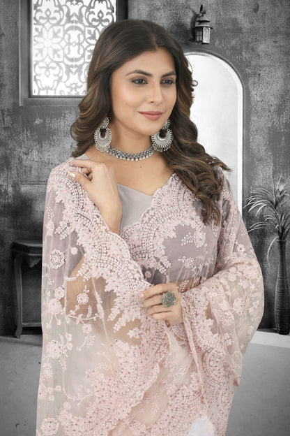 Dusty Peach Colour Net Saree VSSD1090851