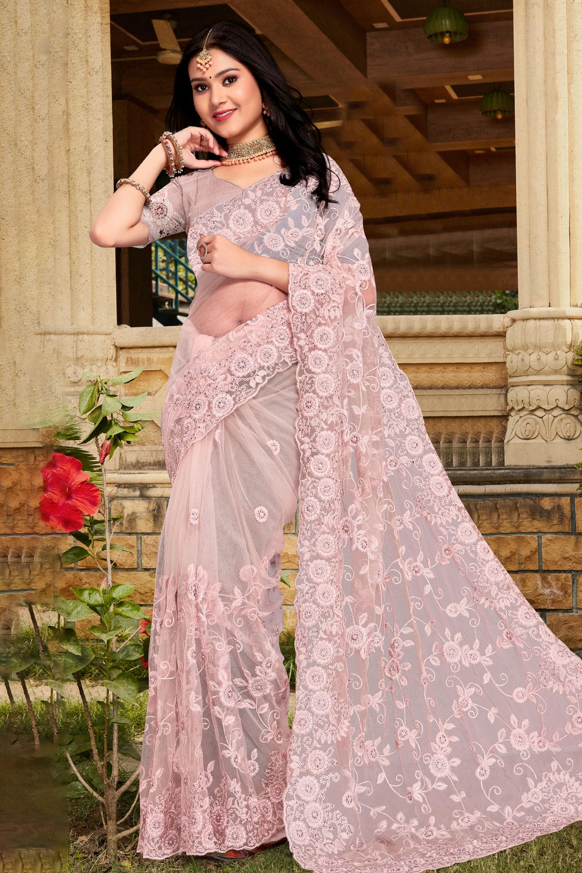 Dusty Peach Colour Net Saree