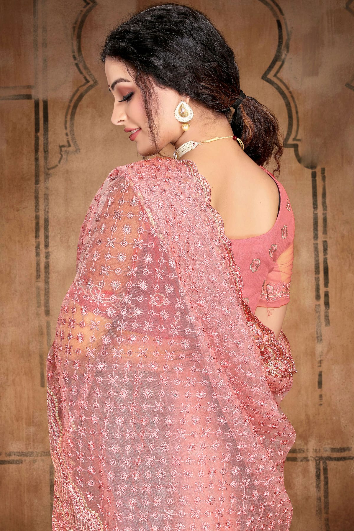 Dusty Pink Colour Net Saree VSSD1090754