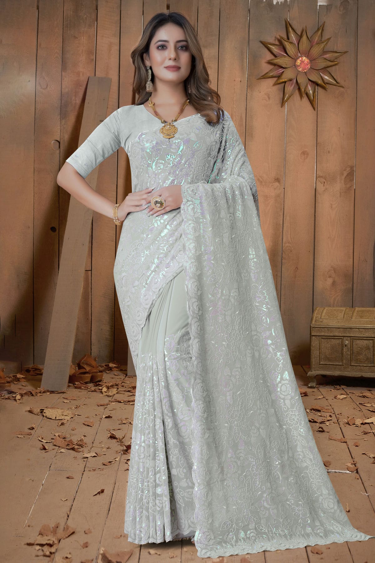 Dusty Pista Green Colour Georgette Saree