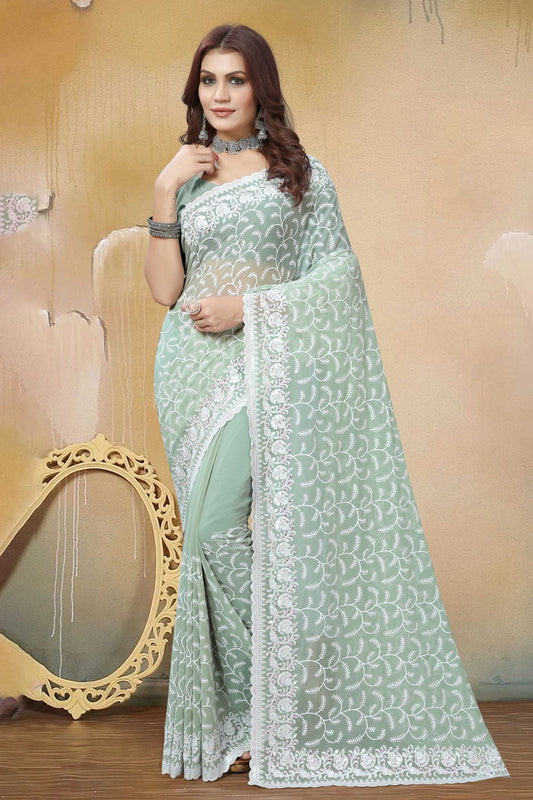 Dusty Pista Green Colour Georgette Saree