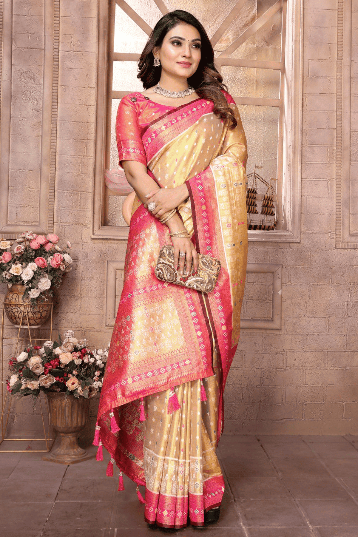 Gold Colour Woven Work Pure Banarasi Tissue Silk Traditional Saree