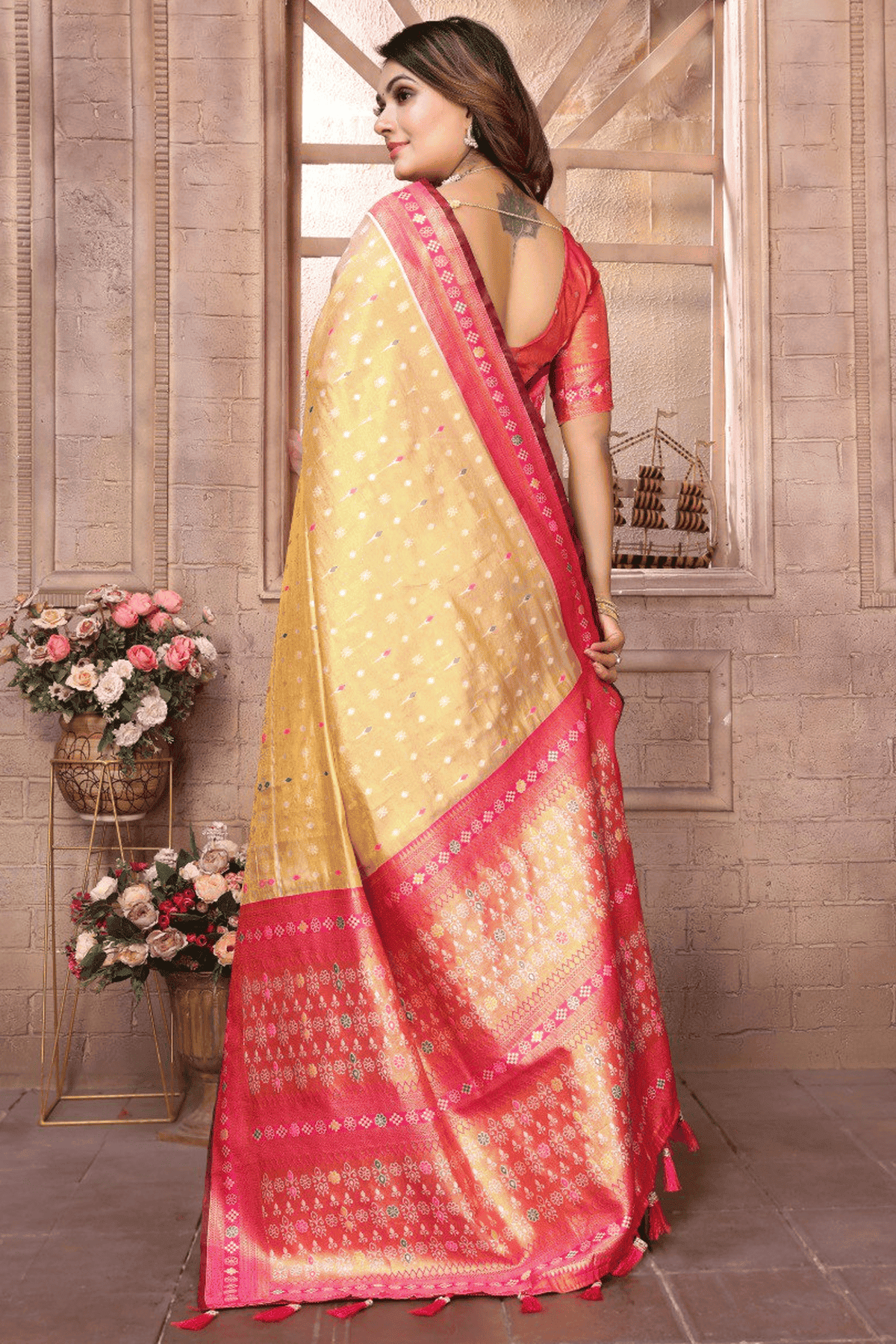 Gold Colour Woven Work Pure Banarasi Tissue Silk Traditional Saree